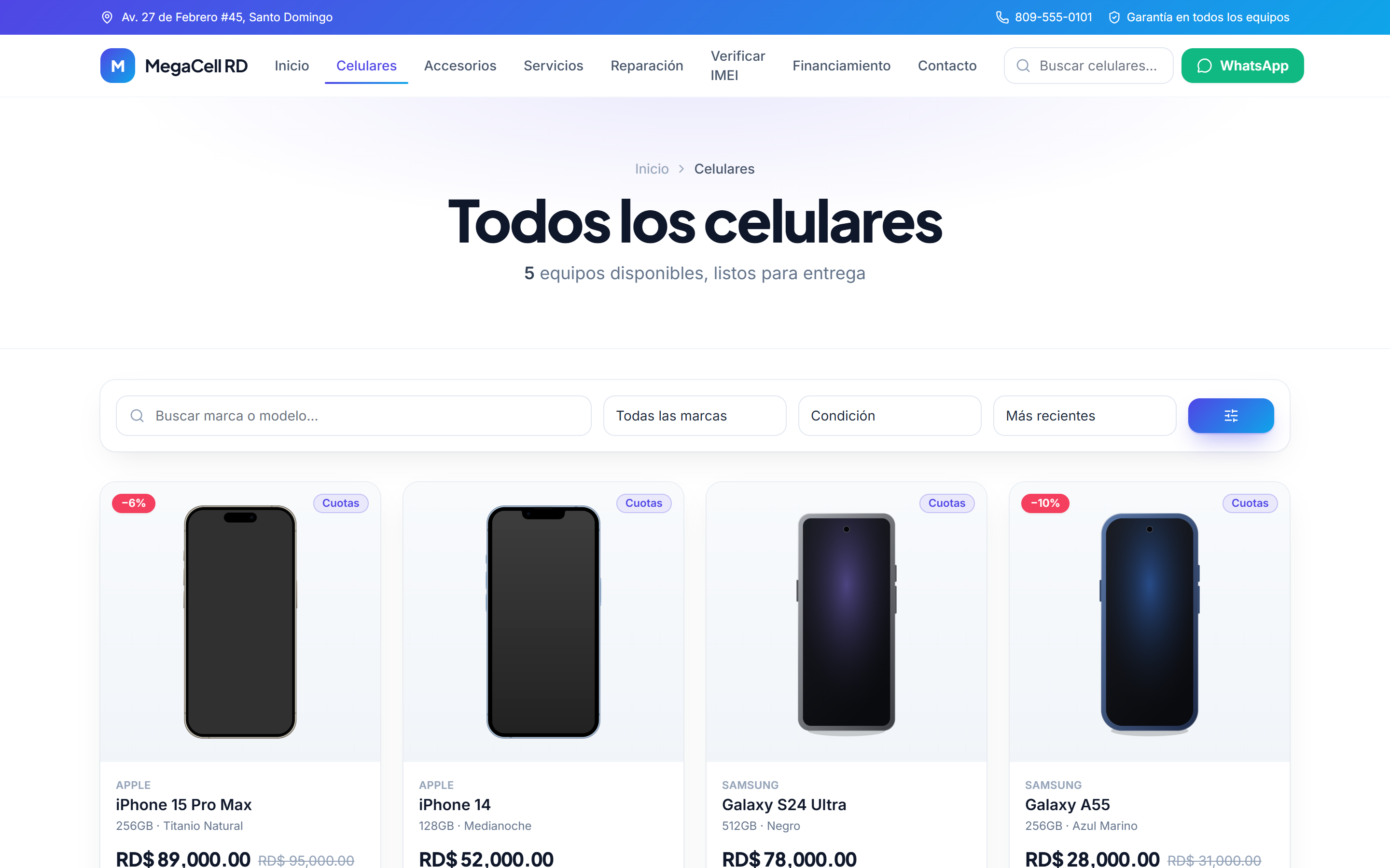 Tienda online de MegaCell RD — catálogo de celulares con precios y compra por WhatsApp